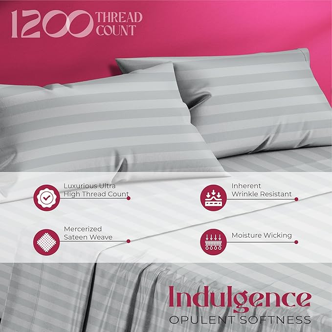 Mayfair Linen 100% Egyptian Cotton Sheets Queen Size - 1200 Thread Count 4 PC Damask Queen Sheet Set Egyptian Cotton, Sateen Luxury Sheet, High Thread Count Sheets, 17" Deep Pocket - Silver Stripe
