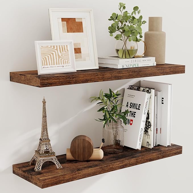 Floating Shelves for Wall, 36 x 9.3 Large Floating Shelf Wall Mounted Set of 2, Rustic Wood Shelves for Bathroom, Kitchen, Living, Heavy-Duty Storage Deep Shelf for Books, Decor, Rustic Brown