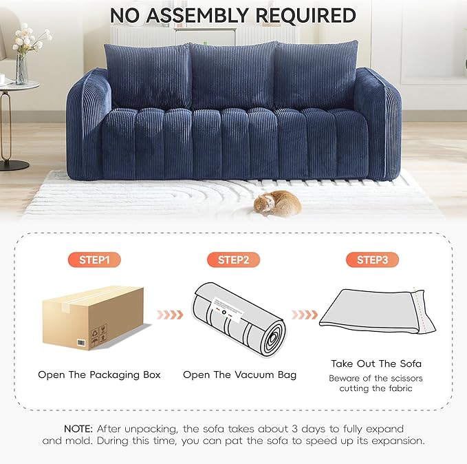 83'' Boneless Corduroy Sofa, Oversized 3 Seater Deep Seat Couch with Rounded Armrest, Modern Upholstered Cloud Sofa for Living Room, No Assembly, Navy