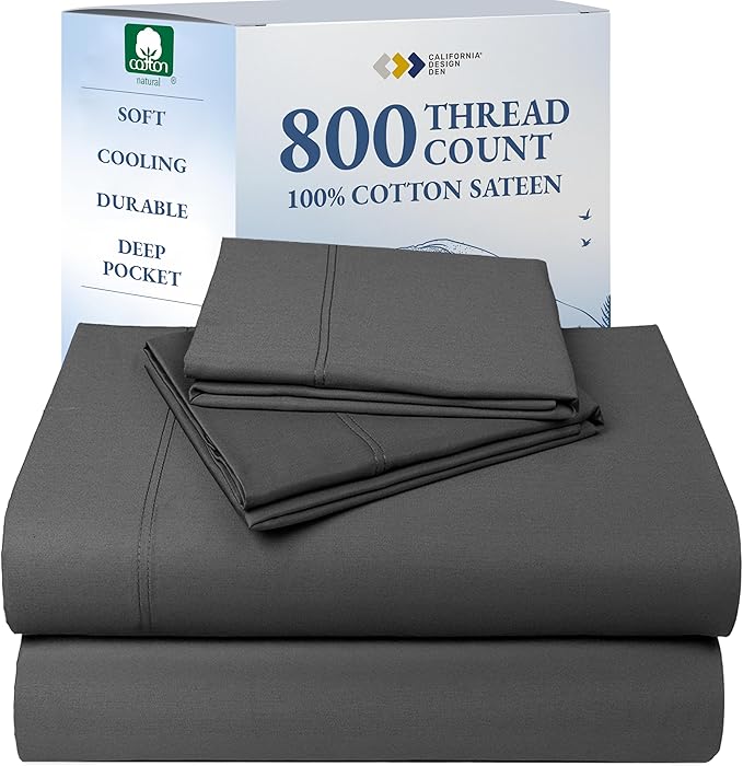 California Design Den Luxury 100% Cotton Sheets Queen Size - Buttery Soft 800 Thread Count Sateen, Deep Pocket Sheets, Durable Bedding Set - Grey