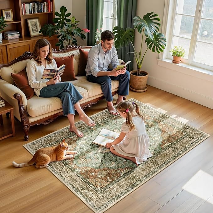 Area Rugs 4'x6' Washable Non-Slip, Floral Vintage Distress Print Pattern Medallion Carpet for Living Room Bedroom Dining Room, Brick Red Rust Neutral Brown Burnt Orange Green