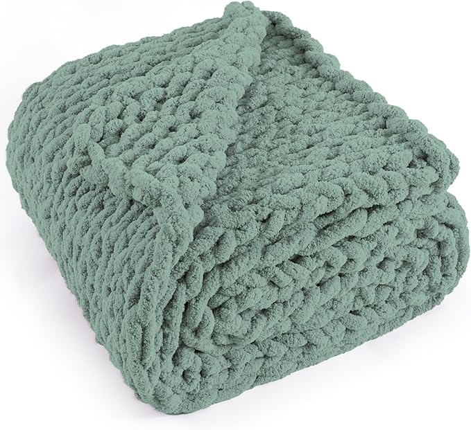 Chunky Knit Throw Blanket 50"X 60", 100% Handmade with Soft Chenille Yarn, 4.4lbs Thick Cable Knitted Blankets, Large Rope Knot Crochet Throws for Couch Sofa Bed Home Decor, Sage Green