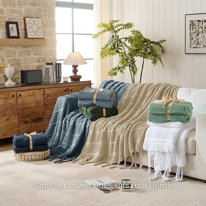 Boho Knitted Chenille Blanket with Tassels - Lightweight & Soft All-Season Throw - 3D Classic Pattern for Living Room Bedroom Couch, Sandy Beige, Twin 60"x80"