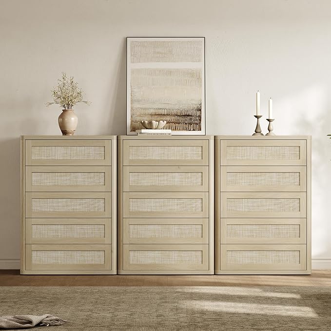 SICOTAS Tall Dresser for Bedroom - Rattan 5 Drawer Dressers Chest of Drawers with Push-to-Open Design, Boho Extra Deep Clothes Dresser with Large Storage for Closet, Living Room, Sand Oak, 2PCS