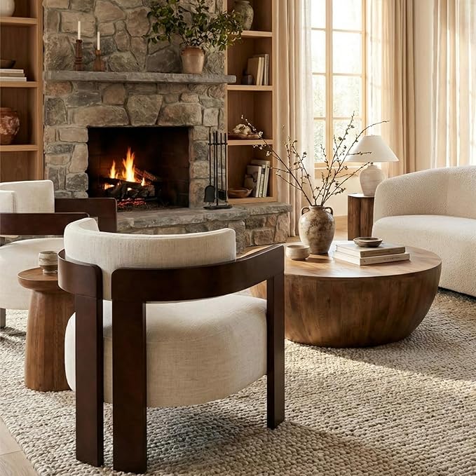 Beige Barrel Accent Chair, Cozy Upholstered Linen Living Room Chair for Bedroom, Walnut Wood Frame, Vintage Modern Lounge Reading Chair for Apartment Waiting Room Office,1 PCS, Beige