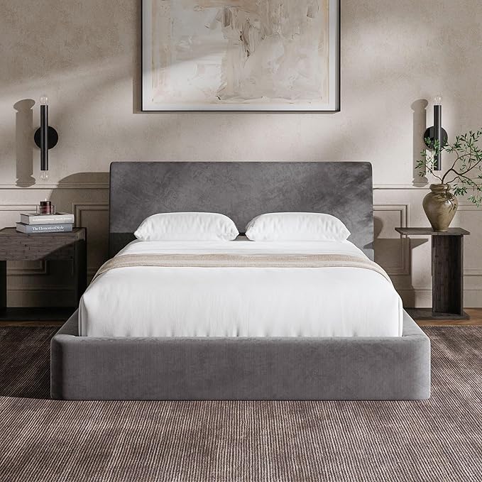 RECCI Cloud Full Size Bed Frame with Ergonomic Angled Foam Cushioned Headboard, Minimalist Design Platform Bed Frame, No Box Spring Needed, Easy Assembly (Moon Grey)