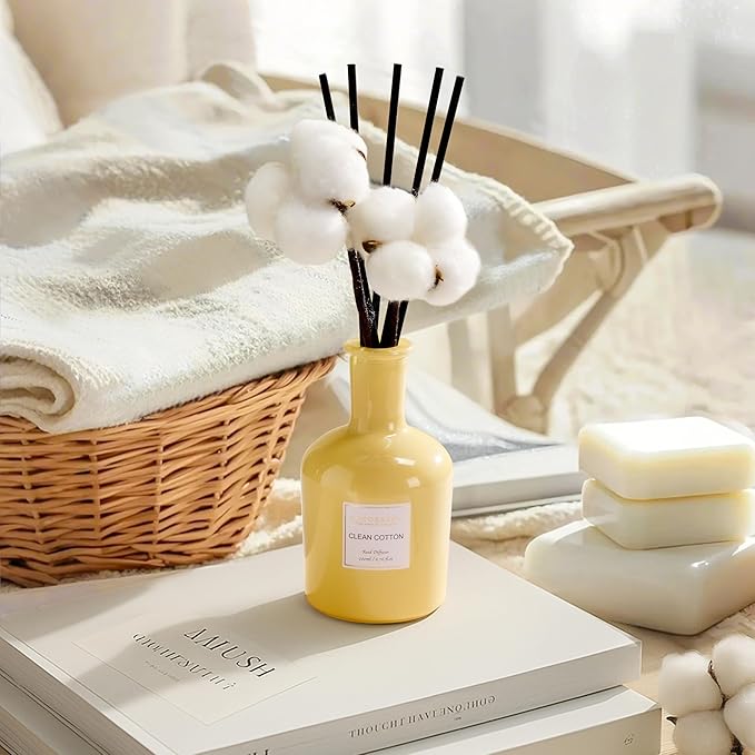 COCORRÍNA Reed Diffuser – Clean Cotton Scent, 6.76 oz Essential Oil with Sticks & Real Cotton, Long-Lasting Fragrance for Bedroom or Bathroom Décor