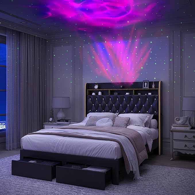 Queen LED Bed Frame with 2 Storage Drawers, PU Upholstered Platform Beds with Galaxy Star Projector Charging Station Speaker, Aurora Bedframe with 2-Tier Storage Headboard, Noise-Free, Black