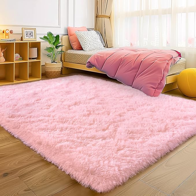 Pink Rugs for Bedroom Girls, 4x6 Fluffy Area Rug for Living Room, Soft Shag Carpet for Kids Room Dorm, Indoor Fuzzy Shaggy Rug, Cute Home Decor
