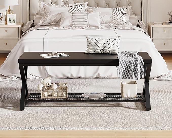 LVB Black Bench, Industrial Entryway Bench with Storage, Indoor Wood and Metal Storage Bench for Living Room Bedroom, Accent Shoe Rack Seating Bench for Hallway Foyer Entrance, Black Oak, 47 inch
