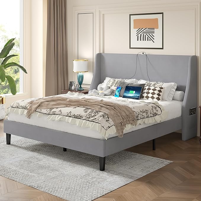 VECELO Full Bed Frame with Upholstered Wingback Headboard, Heavy-Duty Platform Bedframe with Charging Station, Wooden Slats, No Box Spring Needed, Light Grey