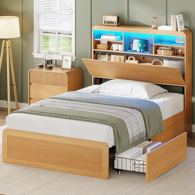 AOGLLATI Twin Bed Frames with 4 Storage Drawers and Hidden Storage Headboard, Wood Led Fluted Twin Bed with Charging Station and Curved Profile Design, No Box Spring Needed, Wood