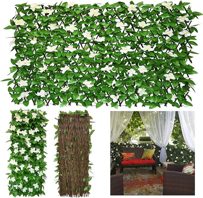 GLANT Expandable Fence Privacy Screen for Balcony Patio Outdoor,Decorative Faux Ivy Fencing Panel,Artificial Hedges (Single Sided Leaves) (1, Green-Flowers)