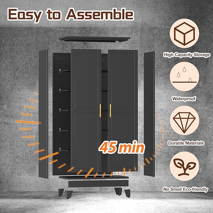 75" Metal Kitchen Pantry Cabinet,Black Storage Cabinet with Doors and 5 Adjustable Shelves, Cabinet with 2 Metal Handles,Tall Cabinet for Livingroom,Pantry, Bathroom,Kitchen
