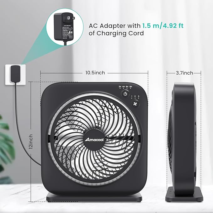 AMACOOL Table Fan, 12 inch Box Fan with 3 Adjustable Speeds & 8HRS Timer, 270° Pivoting Quiet Air Circulator, Desktop Fan for Bedroom Bathroom Kitchen Office, AC Adapter Included-Black
