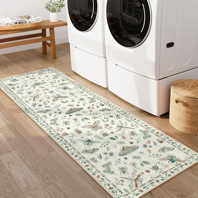 Lahome Insect Kitchen Runner Rugs Non Skid Washable, 2x6 Soft Washable Runner Non Slip, Ultra-Thin Hallway Rug Stain Resistant Carpet for ‎Laundry Bathroom Bedroom(2x6ft,Beige)