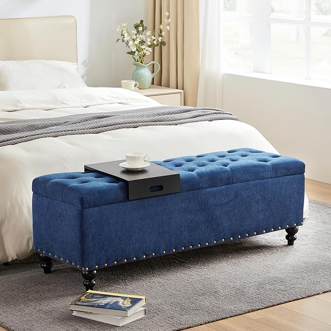 HUIMO 51-inch Storage Ottoman Bench with Removable Tray, Bedroom Bench with Button-Tufted, Safety Hinge Ottoman in Upholstered Fabrics, Large Long Bench for Living Room, Bedroom (Bule)