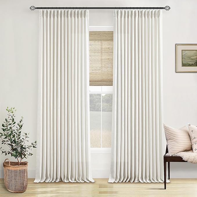 Natural Pinch Pleated Linen Curtains 112 Inches Long 2 Panels Set for Living Room Bedroom Memory Training Shaped Semi Sheer Pleat Drapes with Hooks Rings Light Filtering Window Curtain 40x112