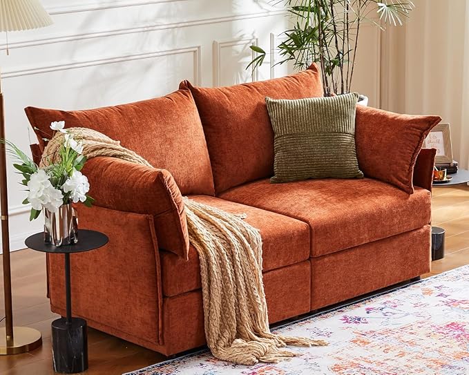 ABCASA Oversized Loveseat Sofa, Modern Modular Sectional Couch Terracotta Orange Fluffy Chenille Mid Century 2-Seat 24.5" Deep Seat for Apartment, Living Room, Bedroom