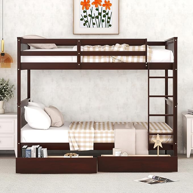 Merax Wood Bunk Bed with Drawers,Convertible Wood Bunk Bed with Ladders and Two Storage Drawers,Solid Wood Detachable Bed Frame with Ladders,Twin Over Twin Size,Espresso