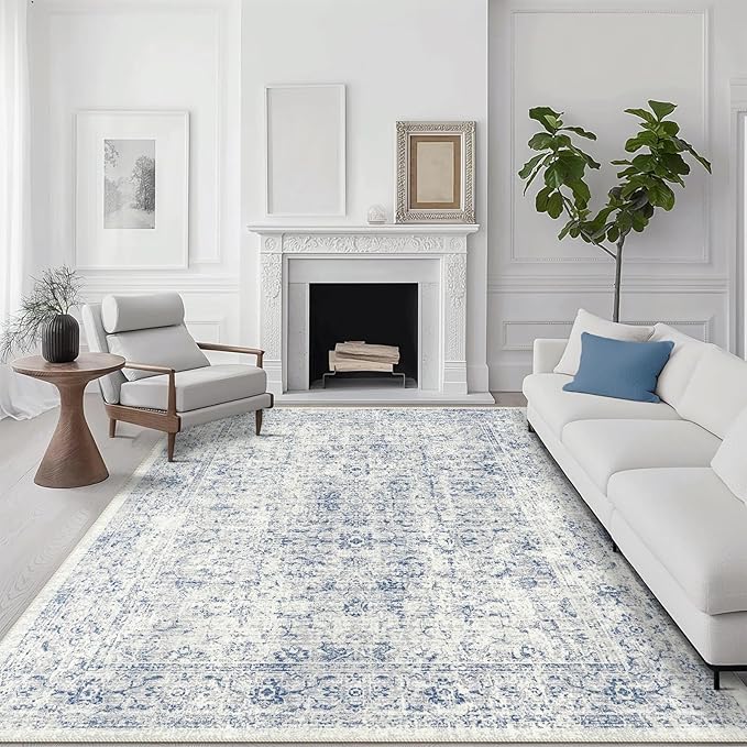 vivorug 9x12 Area Rugs for Living Room, Non Slip Machine Washable Vintage Rug, Ultra-Thin Lightweight Large Area Rug for Bedroom, Dining Room, Low Pile Blue