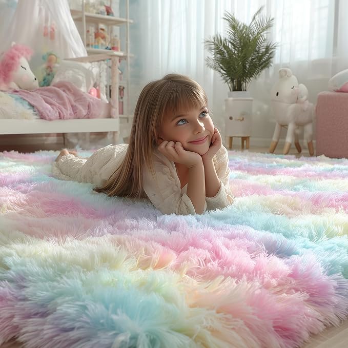 PAGISOFE Fluffy Soft Plush Washable Area Rugs for Girls Bedroom Shaggy Rugs for Kids Playroom Kawaii Princess Fuzzy Nursery Rug for Baby's Toddler's Room Cute Room Decor for Teenage 5x8 Ft Rainbow
