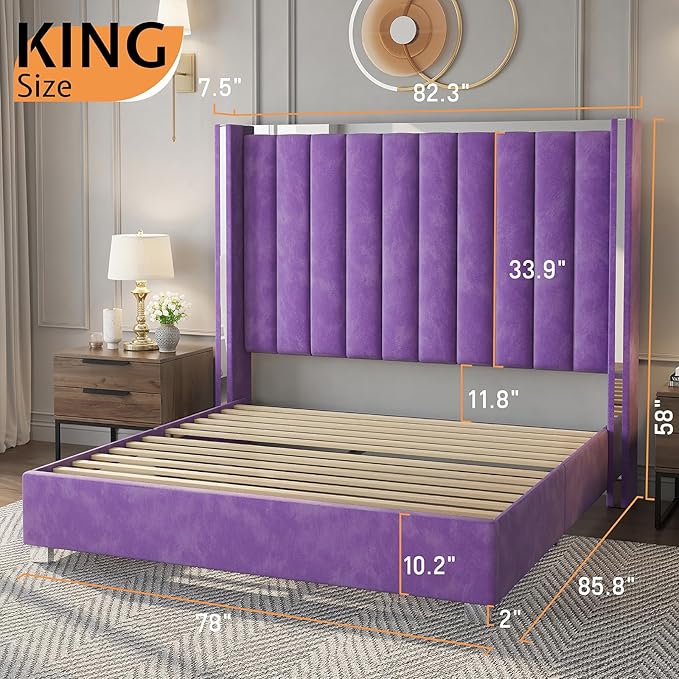 Jocisland King Size Bed Frame with 58" Tall Headboard, Velvet Upholstered Platform Bed with Channel Tufted Wingback Headboard and Plating Trim, No Box Spring Needed, Purple