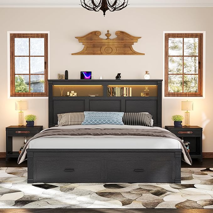 53" Tall King Bed Frame with Headboard and Storage, 2 Drawers and LED Built in Charging Station Bed Frame King Size with Farmhouse Roman Column Decoration,No Box Spring Needed (Black)