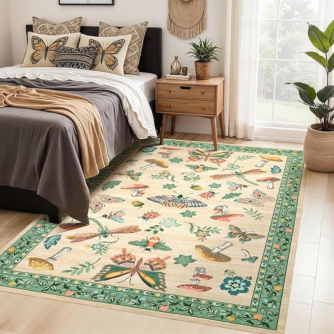 Mushroom Washable Area Rug 6x9 Rugs for Living Room Soft Low-Pile Stain Resistant Thin Carpet for Bedroom Dining Nursery Non Slip Mat with Rubber Khaki Green