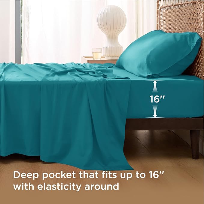 Bedsure Cooling Sheets Twin, Rayon Derived from Bamboo, Breathable & Soft Twin Sheets Set, Deep Pocket Up to 16 Inches, Hotel Luxury Silky Bedding for Hot Sleepers, Turquoise
