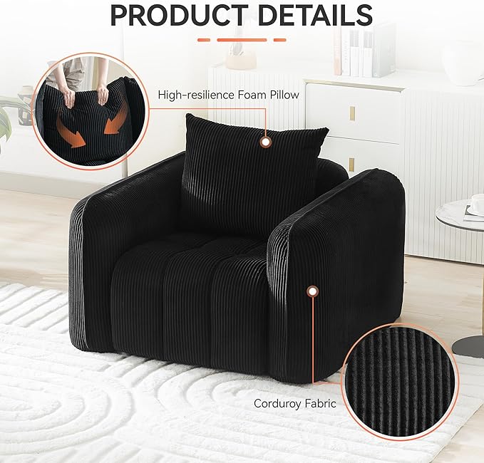 Oversized Boneless Accent Chair, Comfy Deep Seat Armchair for Bedroom, Modern Upholstered Living Room Sofa Chair with Pillow, No Assembly, Corduroy Black