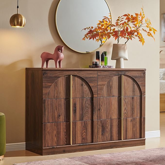 ACCOHOHO Arched Dresser for Bedroom with 6 Drawers, 47.3" Wide Modern Chest of Drawers with Rounded Edge & Metal Handles, Wood Storage Closet Dressers TV Stand for Living Room, Hallway, Brown