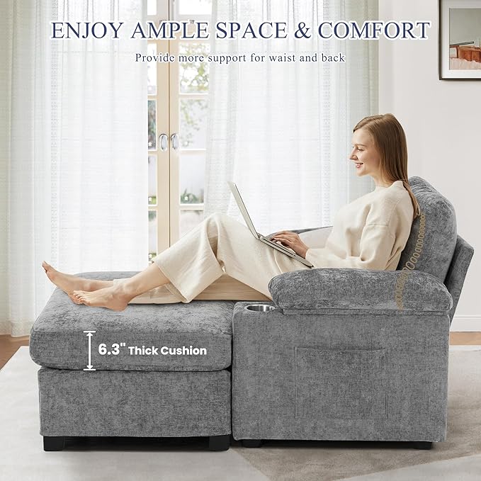 SUNWAVE 58" Chaise Lounge Chair with Ottoman, Chenille Fabric Sofa Bed, Accent Chair with Cupholders & USB Charging Ports for Living Room, Bedroom, Apartment (1 Chaise Misty Gray)
