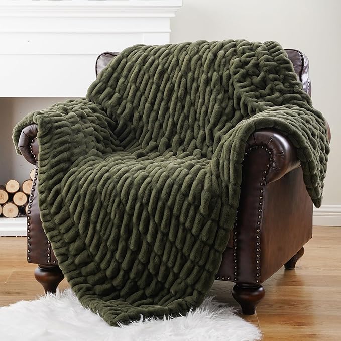 BATTILO HOME Olive Green Faux Fur Throw Blanket for Bed, Large Double Side Reversible Ruched Faux Rabbit Fur Throw for Couch, Bed, Super Soft Blanket Cozy Warm Mink Blanket, 60"x80"