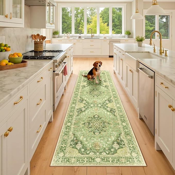 Area Rugs 2'x8' Washable Non-Slip, Floral Vintage Distress Print Pattern Medallion Carpet for Living Room Bedroom Dining Room, Sage Green Yellow