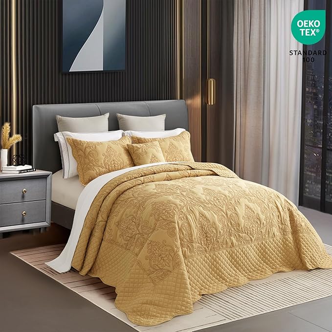 CHIXIN Bedspread Coverlet Quilt Set Full Size - Lightweight Bedding Cover - Beautiful Stitching - 5 Piece Reversible Bedspread - Luxury Damask Paisley Pattern (Full, Honey-Gold)