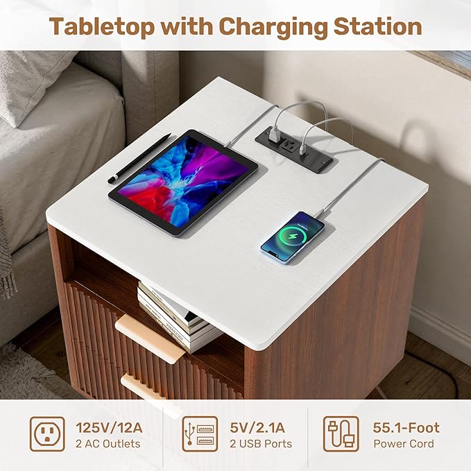 Modern Nightstand Set of 2, Side Table with Charging Station,Bedside Tables with Drawer, Mid-Century End Tables for Bedroom, Sturdy Storage Side Tables,Walnut