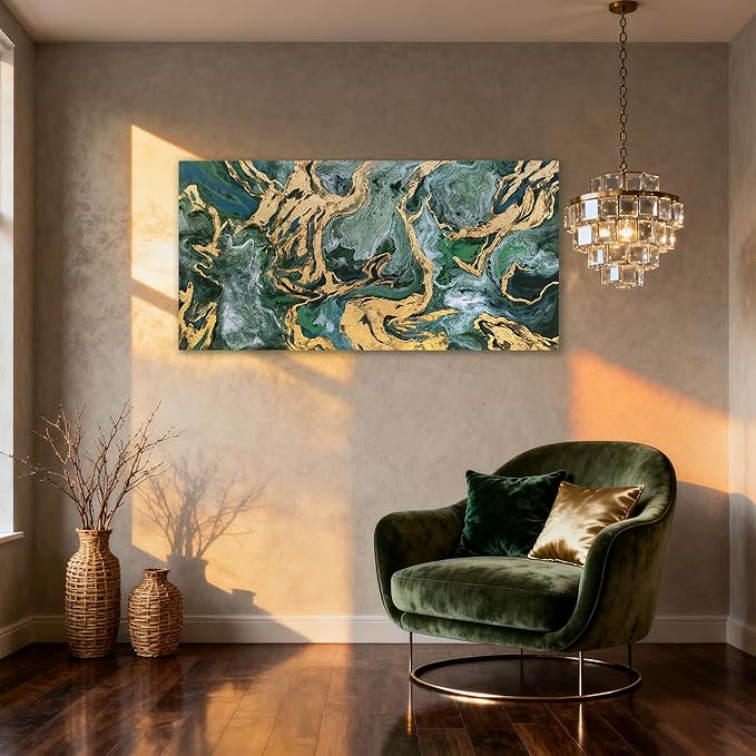 YETHEN WAL Emerald Green Abstract Wall Art Fluid Canvas Wall Decor Modern Art Prints for Living Room Bedroom Office 20x40 Inch