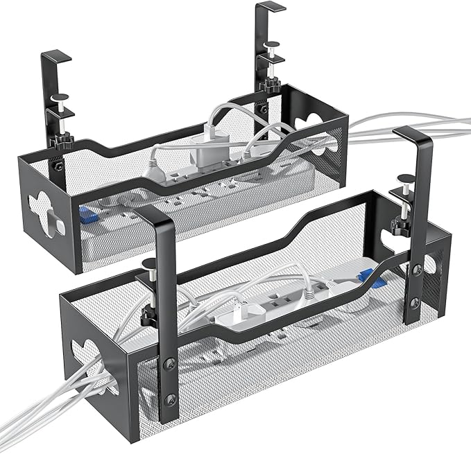 2 Pack Under Desk Cable Management Tray, 13.38" Cable Organizer No Drill, Quszmd Standing Cord Organizer and Wire Management - Black