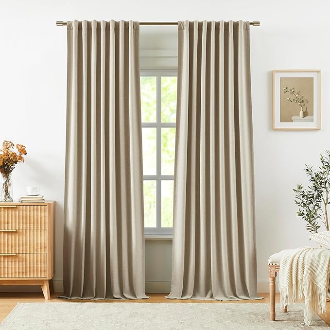 Vision Home Sand Linen Full Blackout Curtains 90 inch Long for Bedroom Living Room Darkening Soundproof Window Panels Thermal Insulated Rod Pocket Back Tab Neutral Drapes 56" Wx90 Lx2