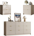 3-Piece Dresser Bedroom Set, 9 Drawer Dresser & 2 Drawer Nightstands with Gold Handles, Fluted Wood Chest of Drawers for Bedroom, Living Room, Entryway, Beige