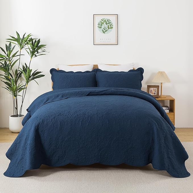 HoneiLife Quilt Sets King Size - Microfiber Bedspreads for King Bed, 3-Piece Lightweight Coverlets, Retro Bedlinen Sets, King Quilt Bedding Set All Season Use-Navy