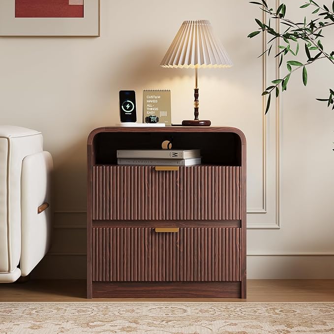 FURSUN 24" Fluted Nightstand Set of 2 with Charging Station, Wooden End Table with 2 Drawers Storage, Curved Profile Design, Modern Bedside Cabinet for Bedroom, Walnut