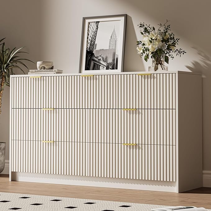 Beige 7 Drawer Dresser for Bedroom, 55.9" Wide Modern Fluted Dresser with Gold Metal Handles, Wide Chest of Drawers for Bedroom, Living Room, Entryway, Hallway