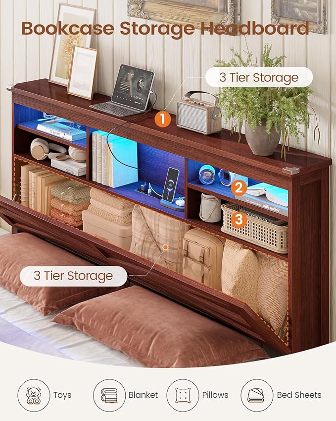 AOGLLATI Farmhouse Bed Frame Queen Size with Lift Up Storage & Hidden Bookcase Storage Headbord, Wooden Queen Bed Frame with Charging Station, Led Lights, No Box Spring Needed, Brown