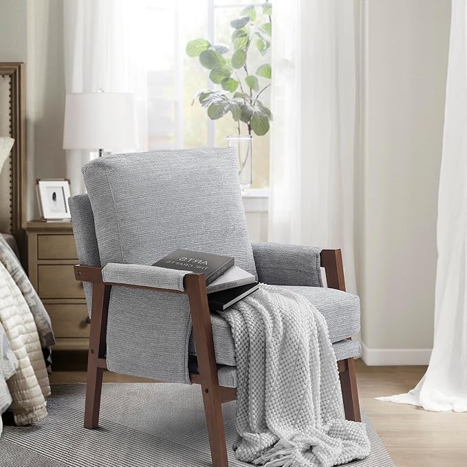 Grey Accent Chair for Bedroom & Living Room, Mid Century Modern Accent Arm Chair, Upholstered Anthropologie Accent Chair with Solid Wood Frame, Fabric