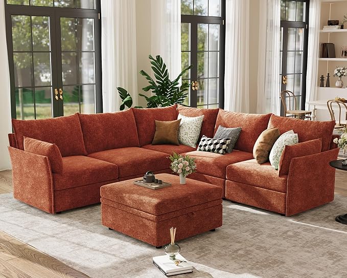 ABCASA 103.5" Oversized Modular Sectional Sofa, L Shaped Convertible Couch with Movable Ottoman, Large 6 Seat Corner Couches for Living Room Deep Seat- Terracotta Orange Chenille