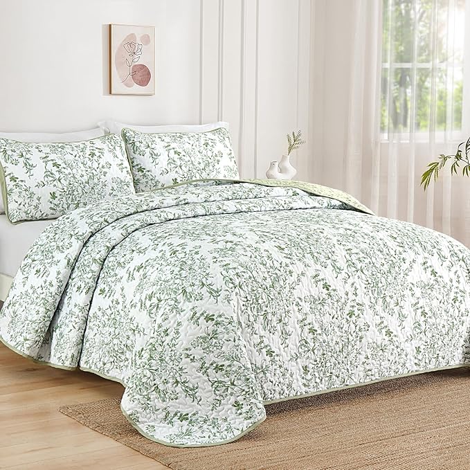 WONGS BEDDING California King Quilt Sets, Sage Green Quilt Bedding Set with 2 Pillowcases, Botanical Quilt for Cal King Bed, Soft Microfiber Lightweight Coverlet Bedspread for All Season (112"×96")