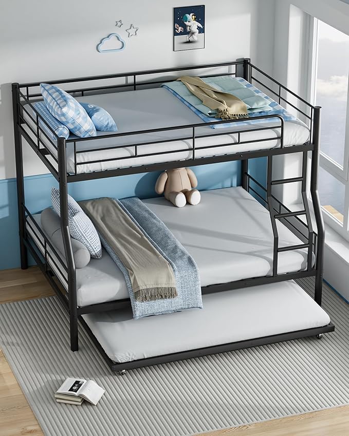 Full XL Over Queen Bunk Bed with Trundle, Heavy-Duty Metal Bunk Bed w/Full-Length Guardrail & EVA Padded Ladder, Convertible to 3 Separate Beds for Adults, Teens, Noise-Free, Black