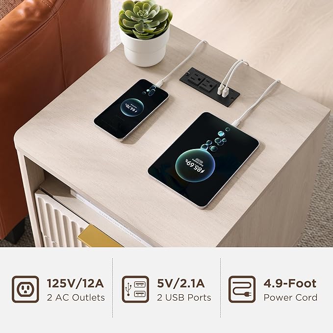 T4TREAM Fluted Nightstand with Charging Station, 18" Modern Side Table with 2 Drawers, End Table w/Storage, Bedside for Bedroom, Living Room, Curved Profile Design, White Alder